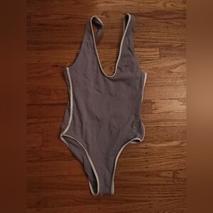 Offline By Aerie Real Me Lavender Open Back One-Piece Swimsuit with White Trim